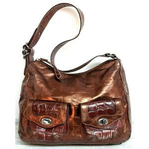 NUOVEDIVE Italy BRONZE CROCO BROWN GENUINE LEATHER ZIP TOP SHOULDER BAG HANDBAG